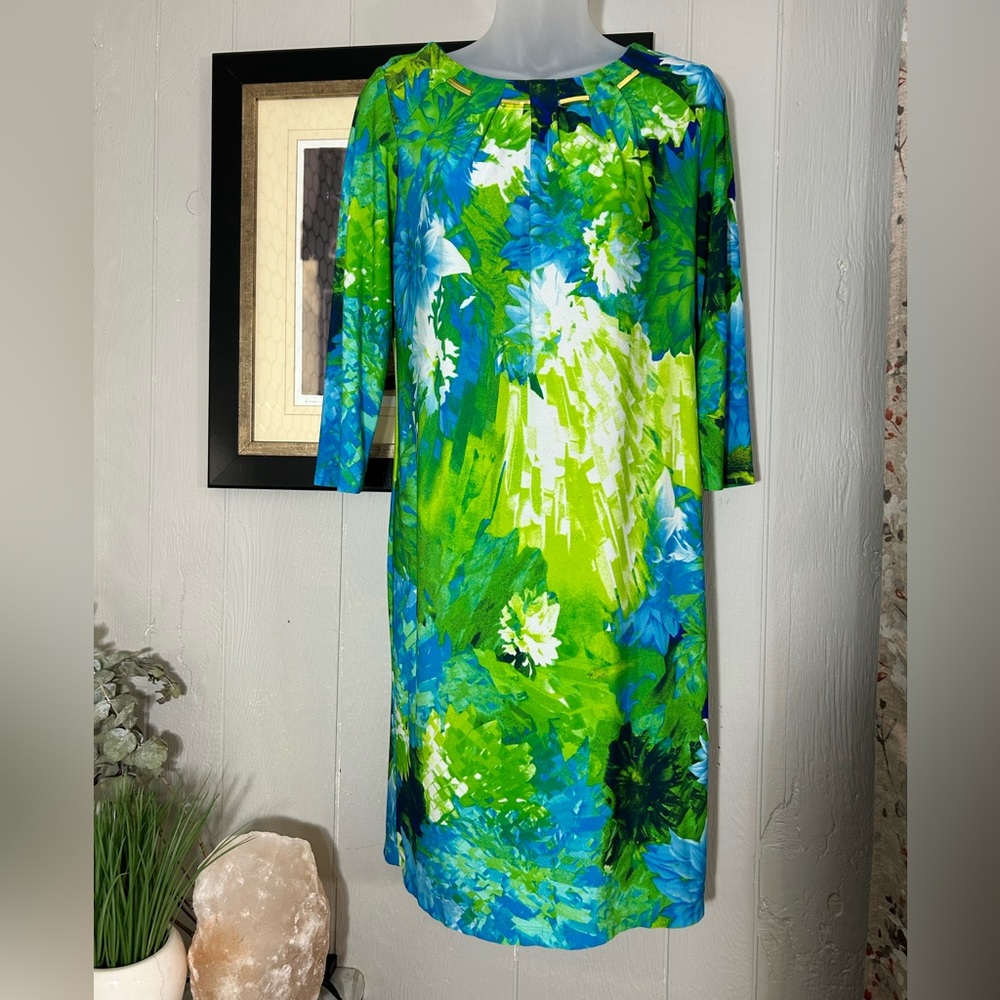 Roz and Ali floral dress with gold metal accent collar. Size 6.